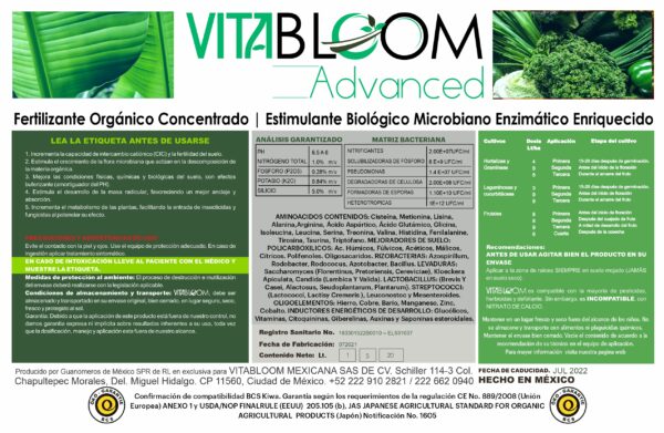 Vitabloom, fertilizante organico, biofertilizantes, abonos organicos, plantas saludables, nutrición para plantas, aminoácidos, abono para hortalizas, vegetales, frutales, cultivos orgánicos, omri, bcs oko garantie, kiwa, hortalizas, maíz, producción agrícola, biofertilizante,